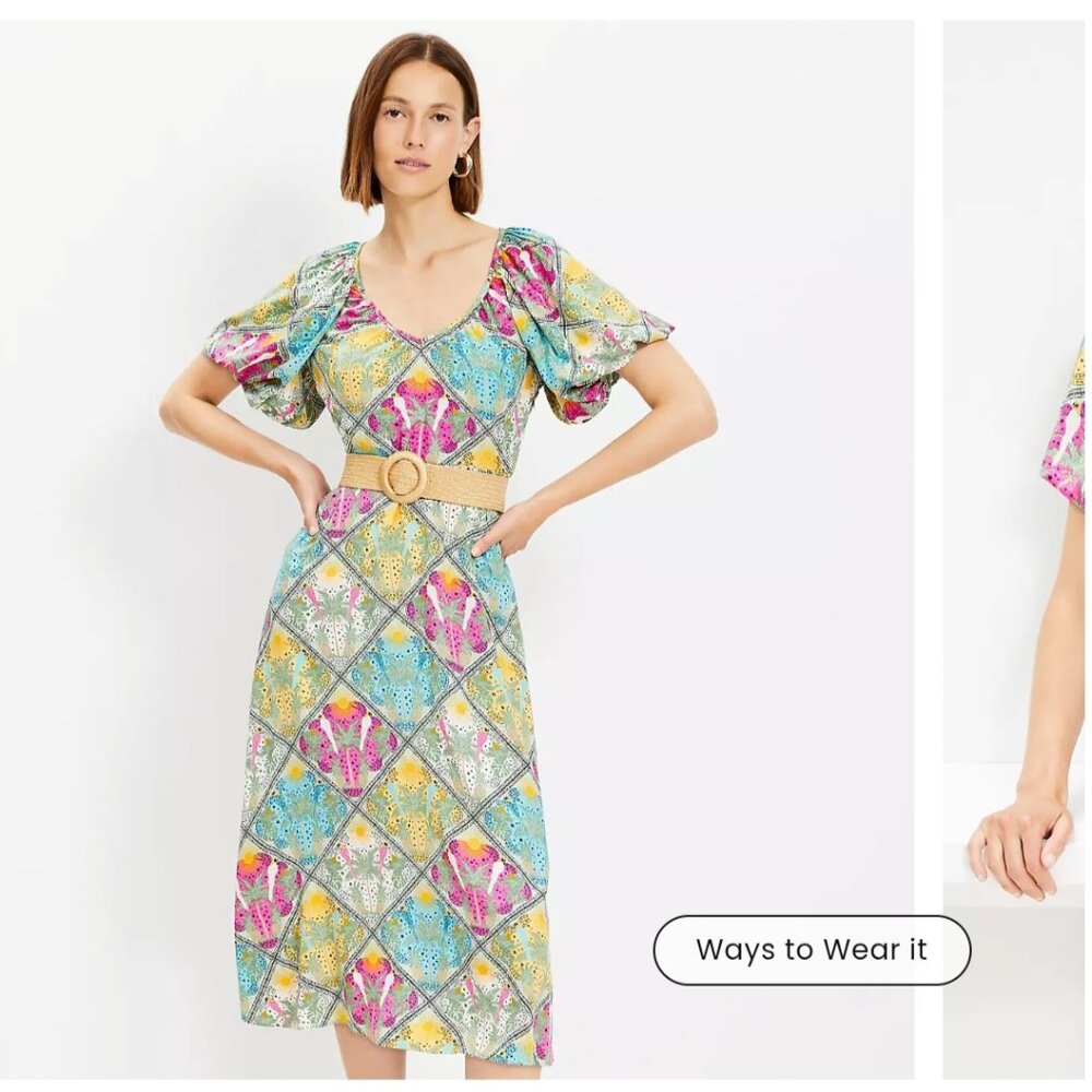 Palm Raffia Belt V-Neck Midi Dress